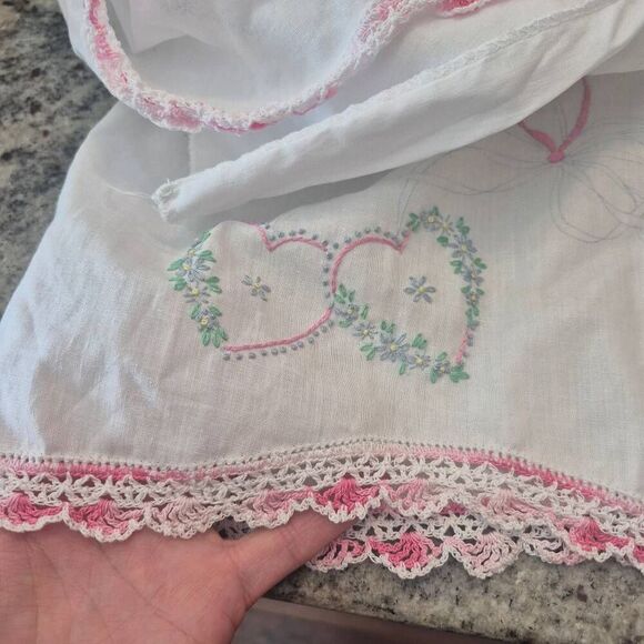 Pillowcases (2), White Cotton, Vintage Pink Variegated Crochet Heart Embroidery - Picture 7 of 12